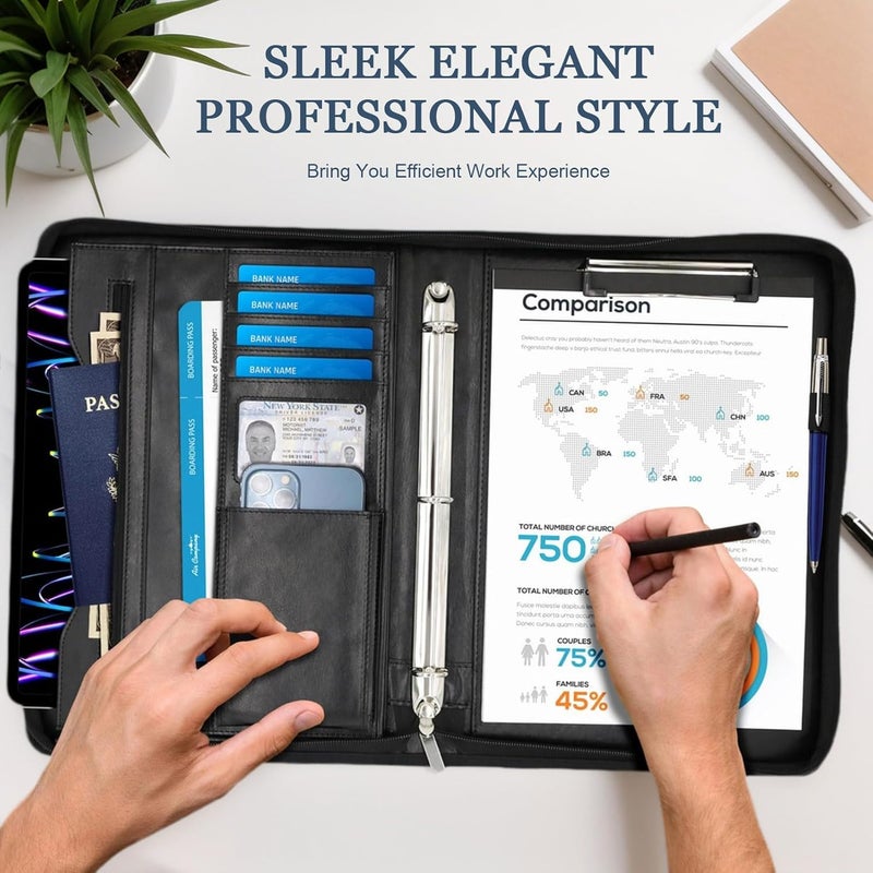 IYGHV Faux Leather Portfolio Binder with Handle & Clipboard, Zippered Padfolio Folder Organizer 3 Ring Binder for Document, Business Card Holder, Professional Portfolio Notebook for Men & Women (Black) - Image 5